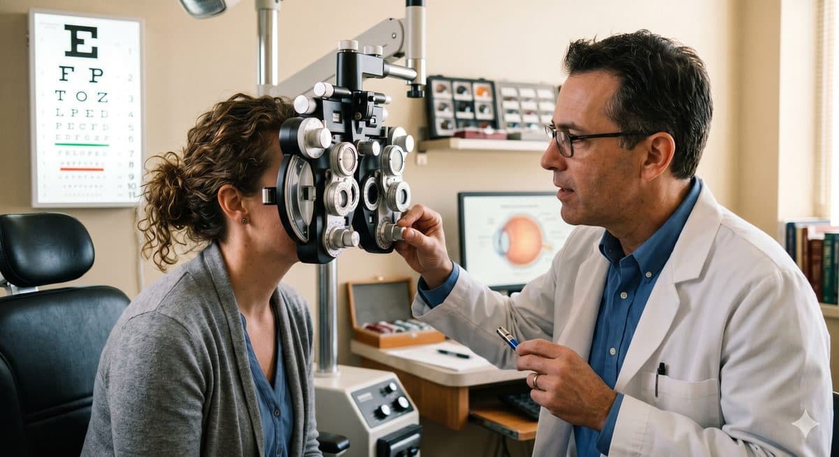 Patient looking through a phoropter during an eye test