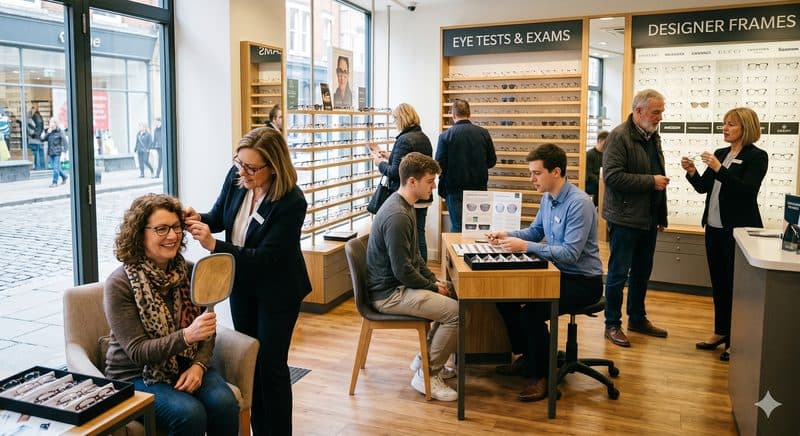 Interior of a modern optician shop with glasses on display